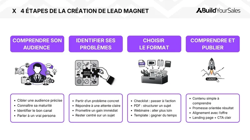 Schéma des 4 étapes pour créer un lead magnet efficace, de l’analyse de l’audience à la publication.