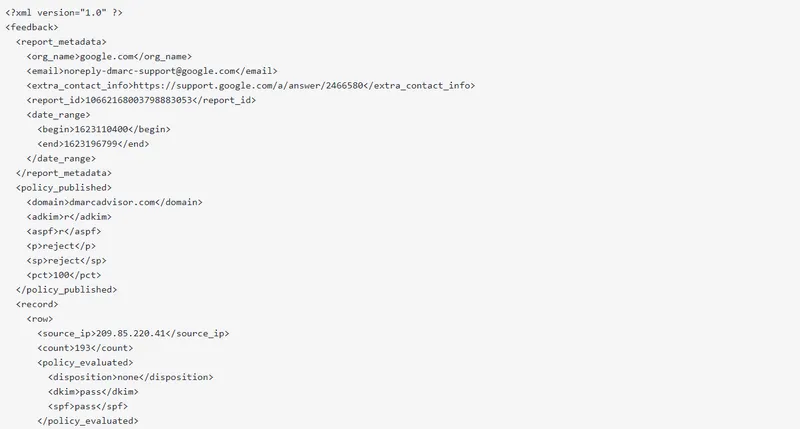Capture d'écran d'un rapport DMARC 